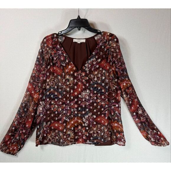 LOFT Metallic Floral Blouse Brown Red Sheer Boho Fall Top Long Sleeve Lined L - Picture 3 of 16